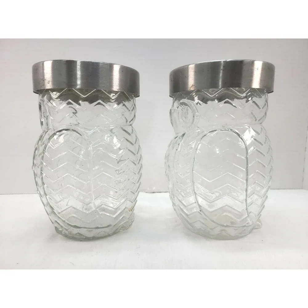 2 Circleware Owl Clear Glass Canister Silver Metal Lid 42oz Embossed